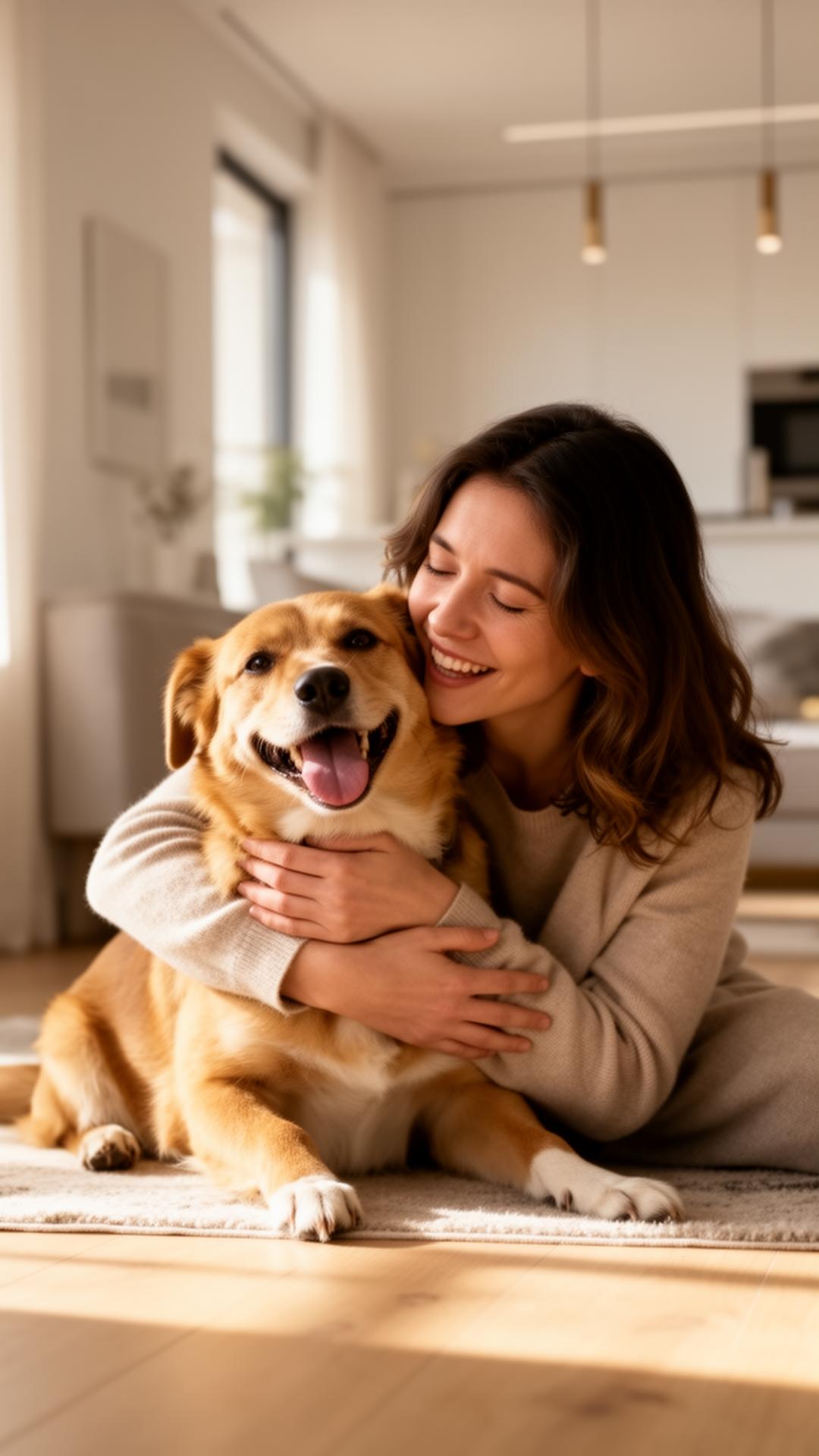 Tutor abraçando seu cachorro com carinho